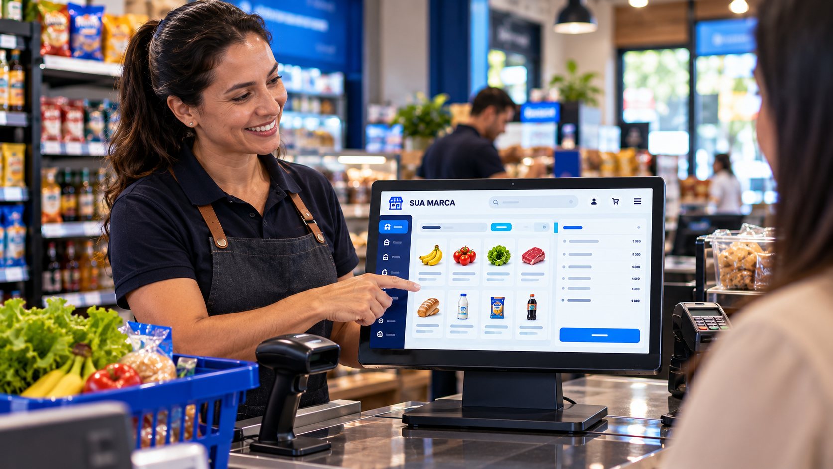 Operadora de caixa usando o PDV com a marca do mercado