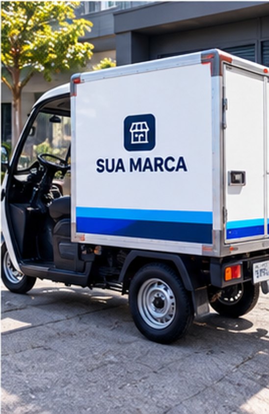 Motofurgão de carga com o baú identificado com a marca do comércio