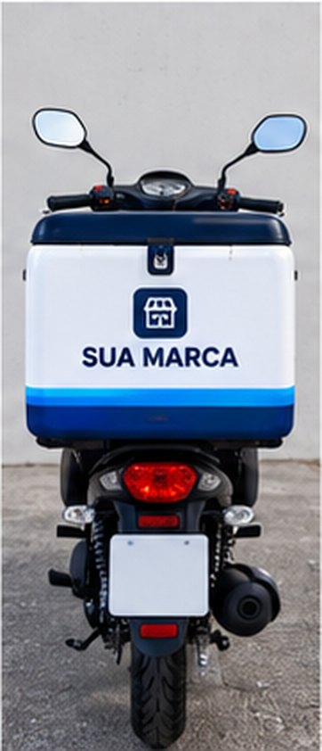 Moto de entrega com baú identificado com a marca do comércio