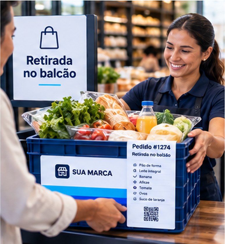 Atendente entregando ao cliente uma caixa de compras separada, com a marca do comércio e a etiqueta Pedido pronto para retirar